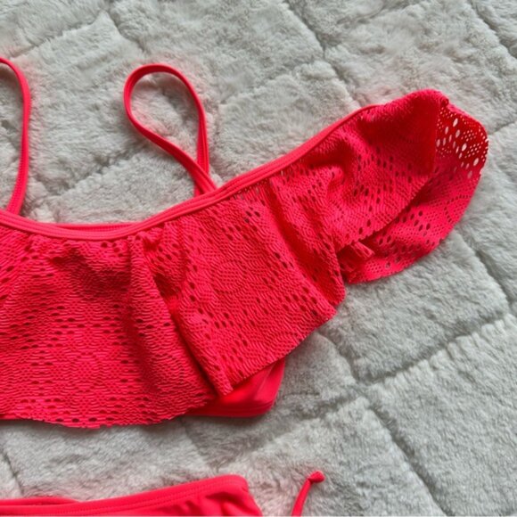 Xhilaration | Neon Coral Lace Ruffle Bikini Swimsuit Set | Size Medium (7/8) - Picture 5 of 8